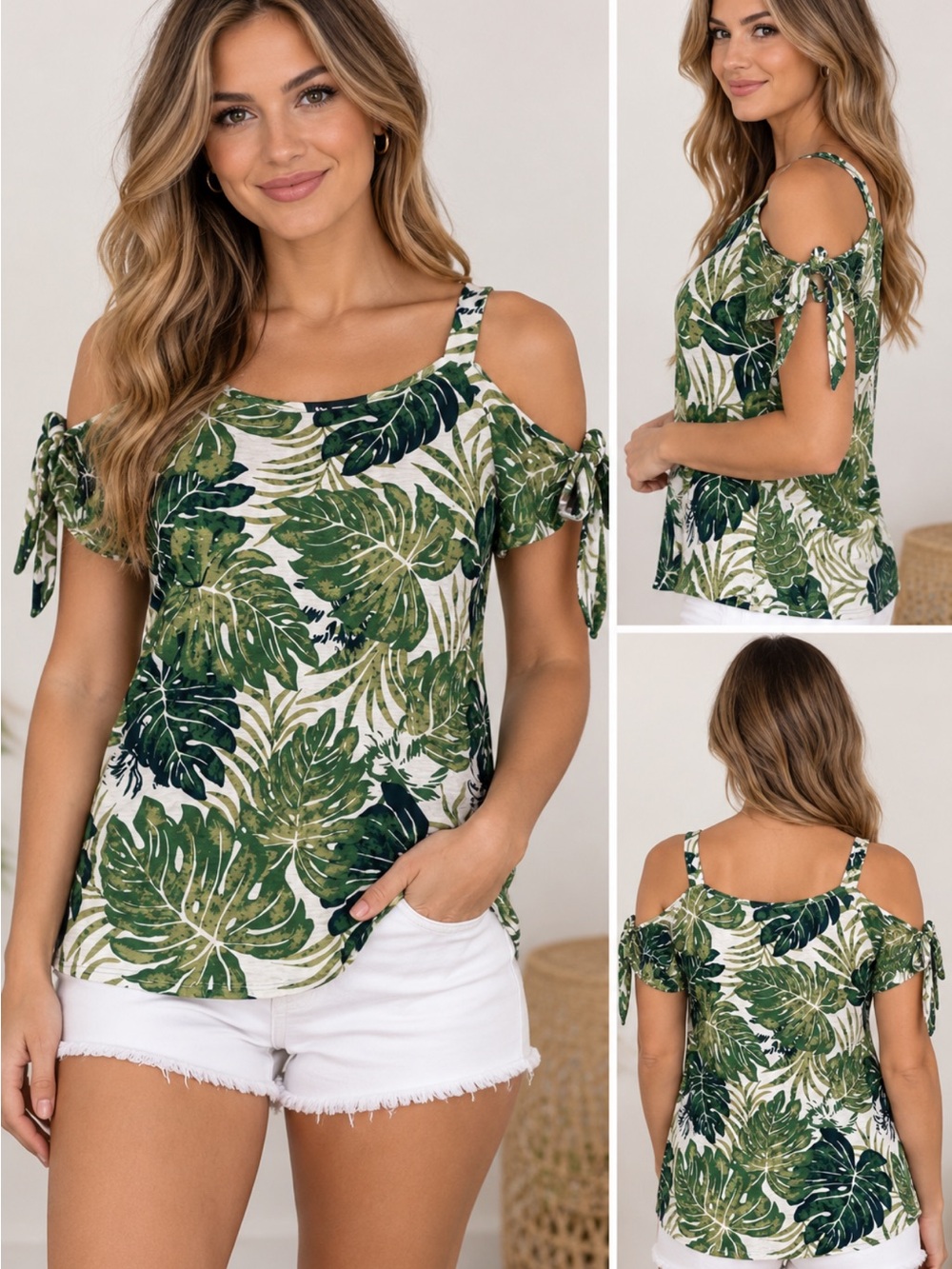 INC Shirt Tropical Cold-Shoulder Green Leaf Print Women’s Top
